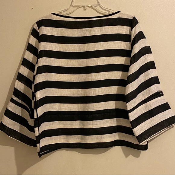 Zara Women’s 100% Linen Size M Tan/Black Round Neck 3/4 Roll Tab Sleeves - Picture 8 of 11